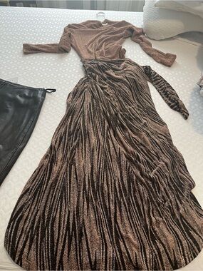 JLUXLABEL Metallic Brown & Black Long Pleated Maxi Dress